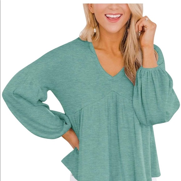 Clarisbelle Women V Neck Puff Sleeve Waffle Knit Peplum Tops - Picture 4 of 8